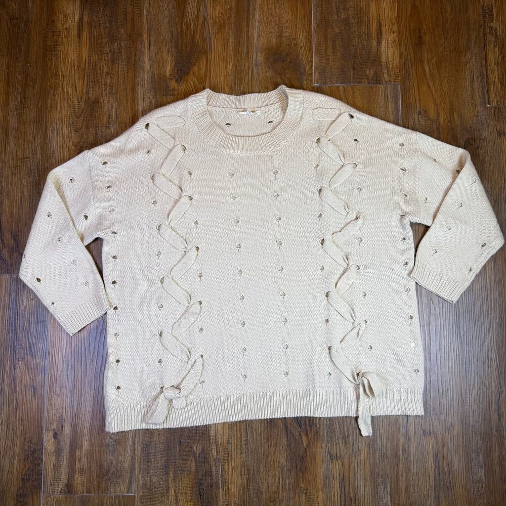 Easel MEDIUM sand beige tan sweater lace-up cutouts relaxed casual fit